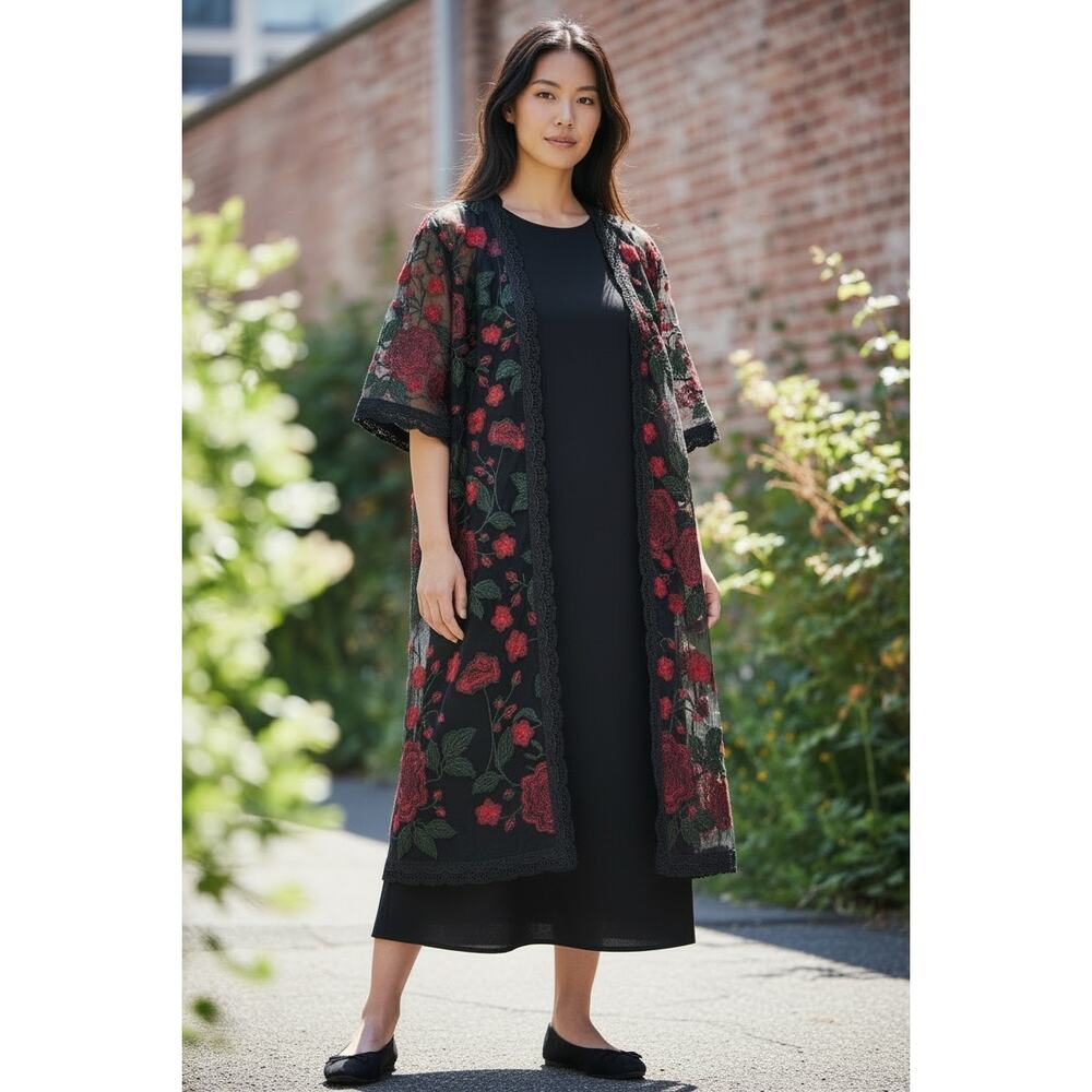Lularoe Chloe bohemian overlay black red rose lace kimono sz medium